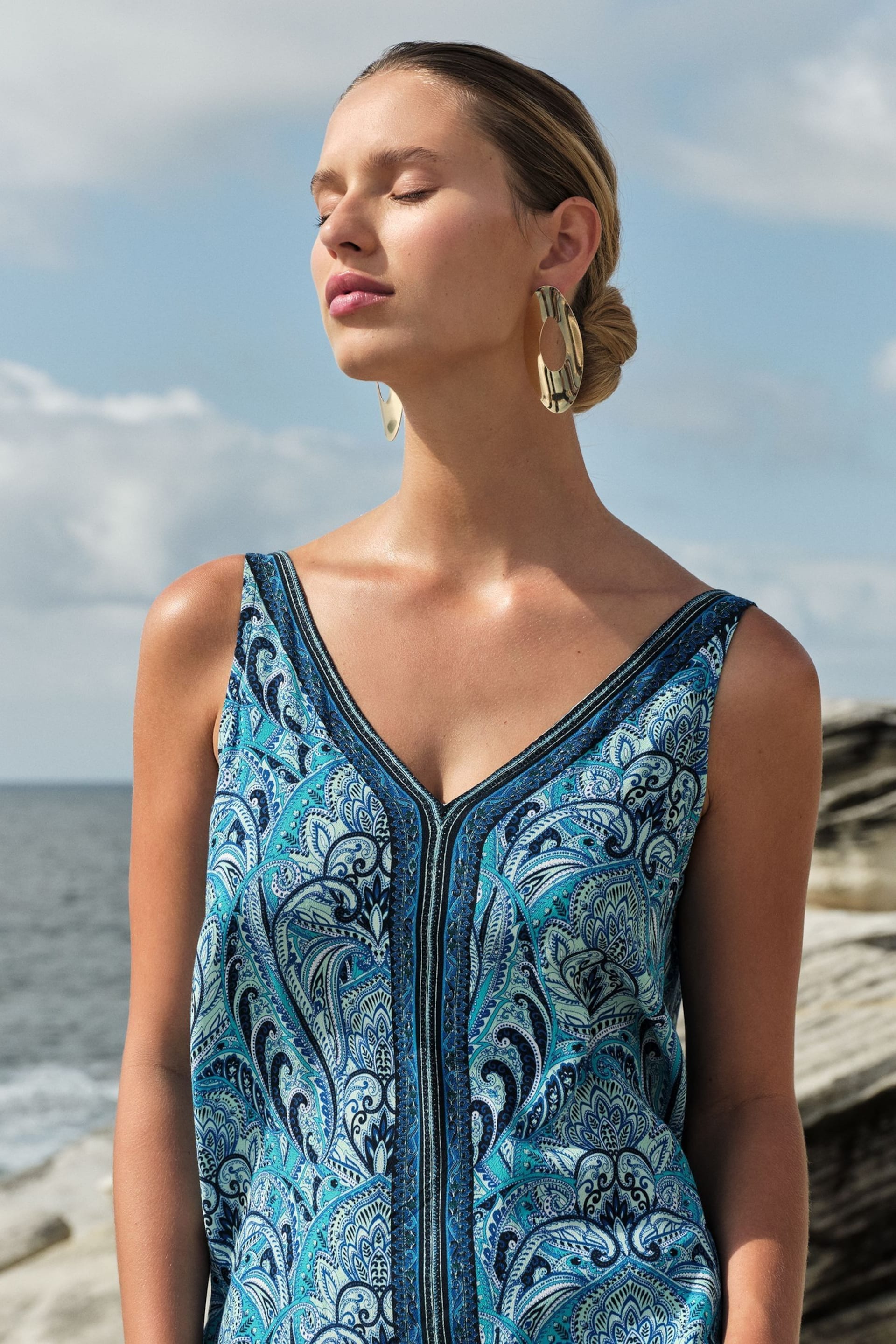 Love & Roses Blue Paisley V Neck V Back Woven Vest - Image 1 of 4