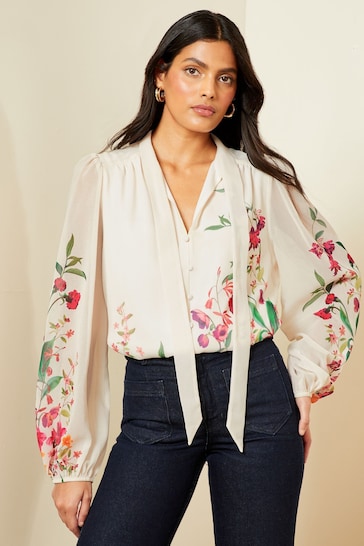 V&A | Love & Roses Ivory White Printed Pussy Bow V Neck Button Through Long Sleeve Blouse