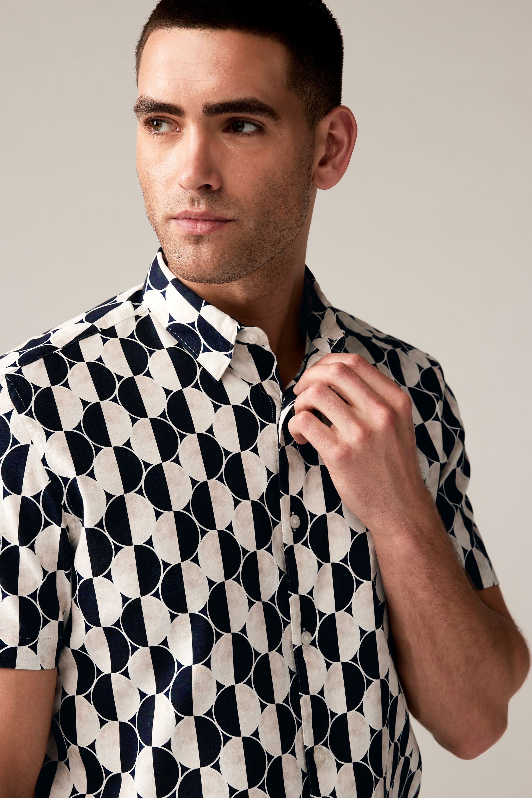 Black White Printed Short Sleeve Shirt