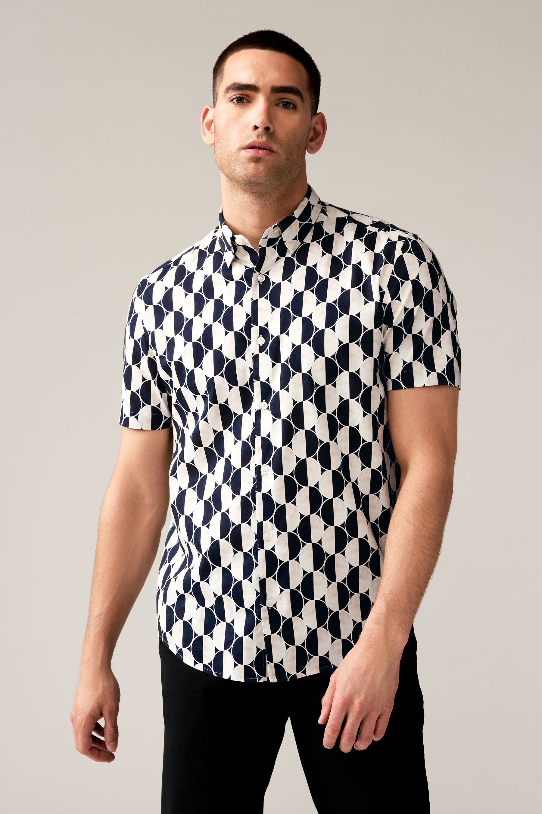 Black and white short sleeve button up sale