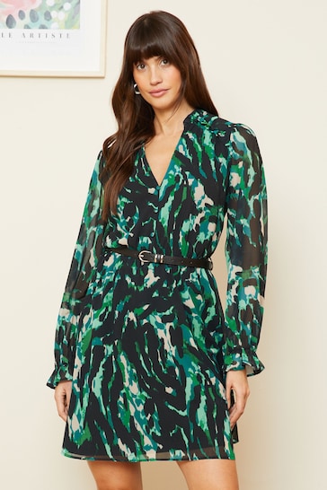 Love & Roses Textured Green Chiffon V Neck Elasticated Sleeve Belted Mini Dress