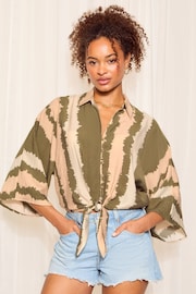 Friends Like These Khaki Green Long Sleeve Tie Front Button Through Printed Blouses - Image 1 of 4