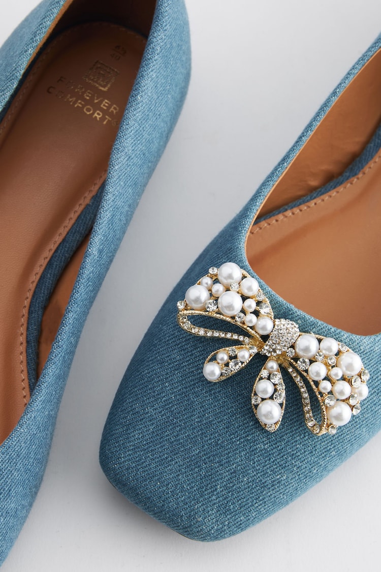 Denim Blue Forever Comfort® Square Toe Bow Trim Ballerinas - Image 7 of 7