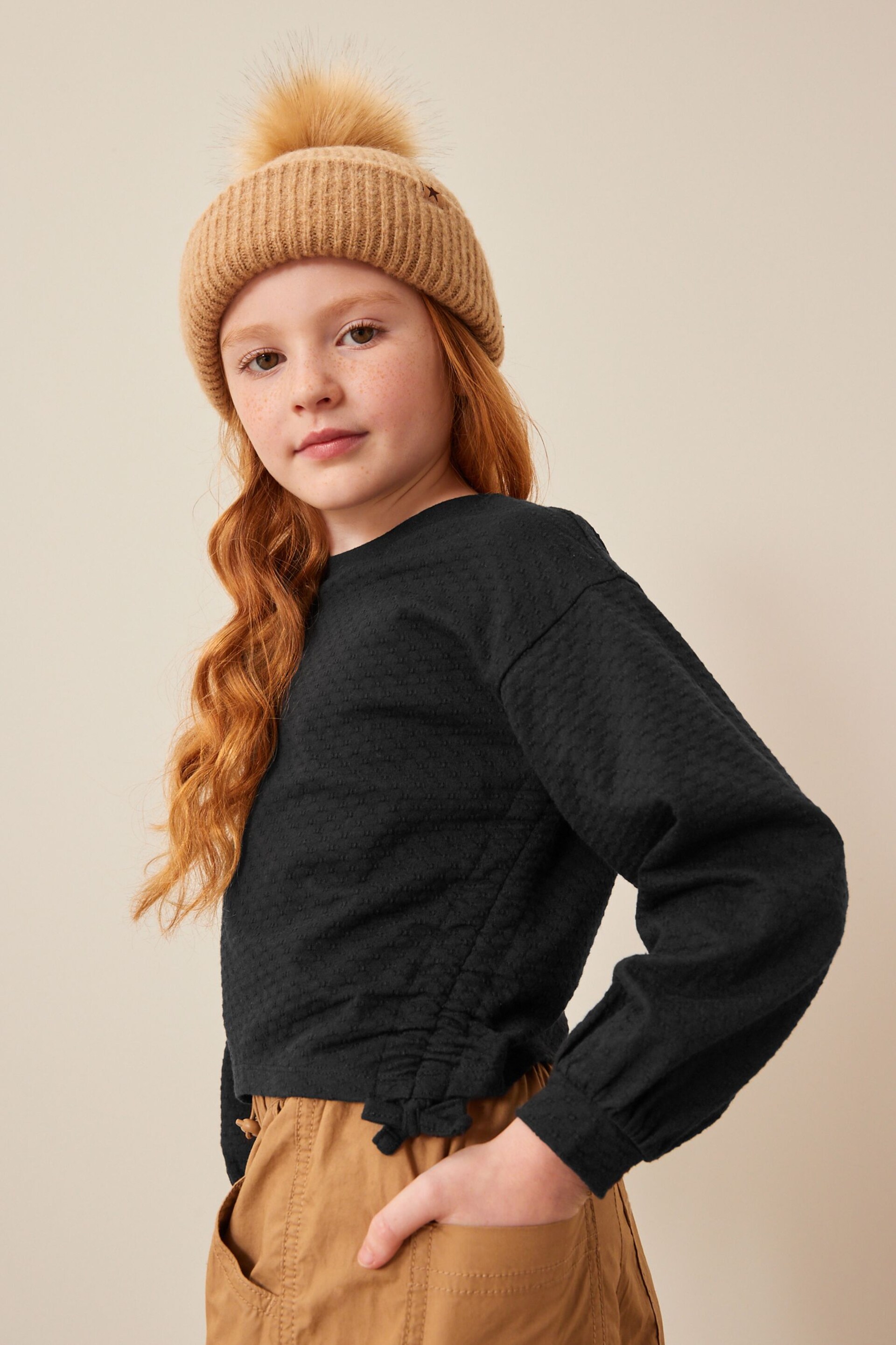 Black Ruched Side Textured Top (3-16yrs) - Image 1 of 7