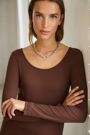 Chocolate Brown Scoop Neck Long Sleeve Ribbed Midaxi Dress - Image 4 of 6