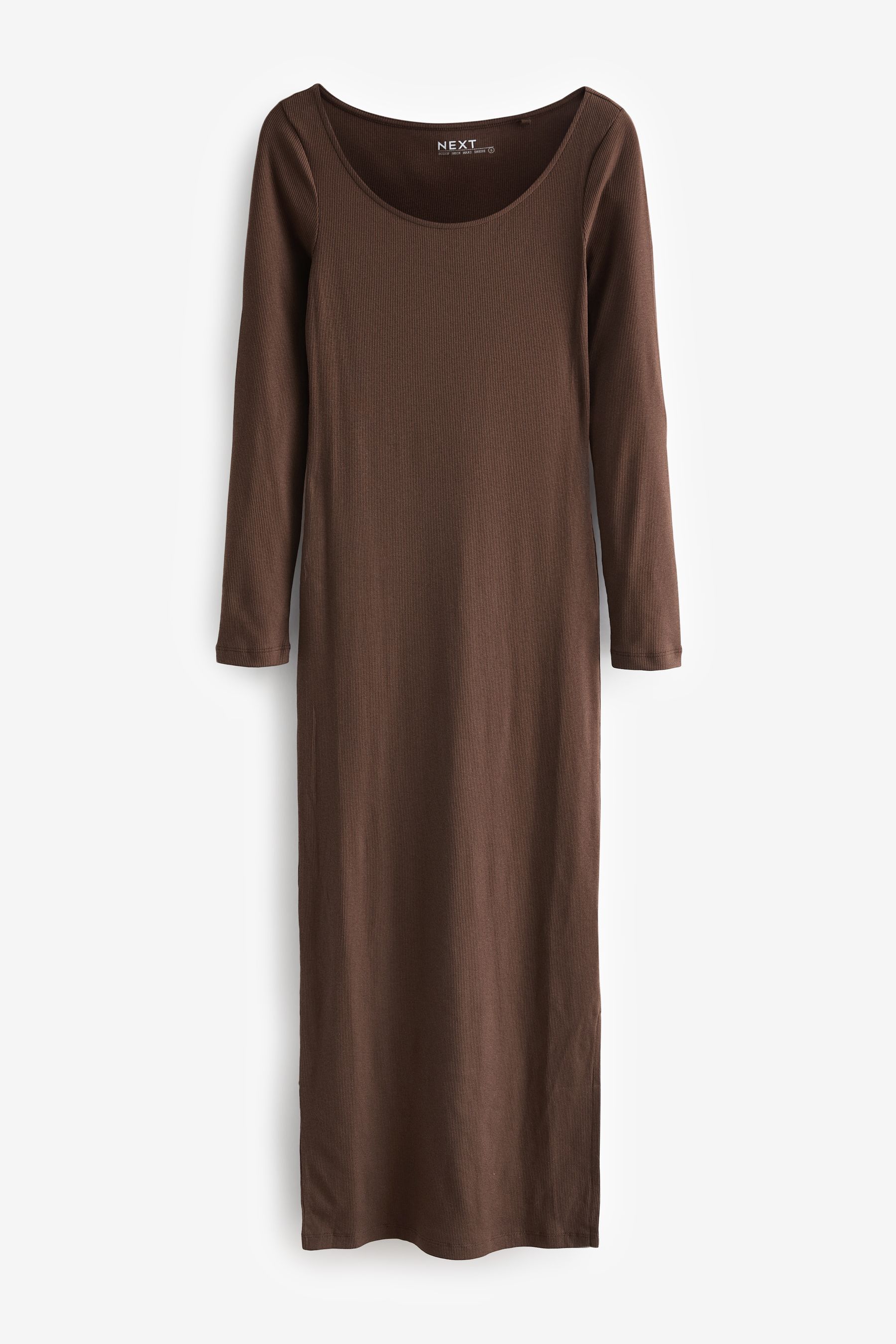 Buy Chocolate Brown Scoop Neck Long Sleeve Ribbed Midaxi Dress from Next Luxembourg