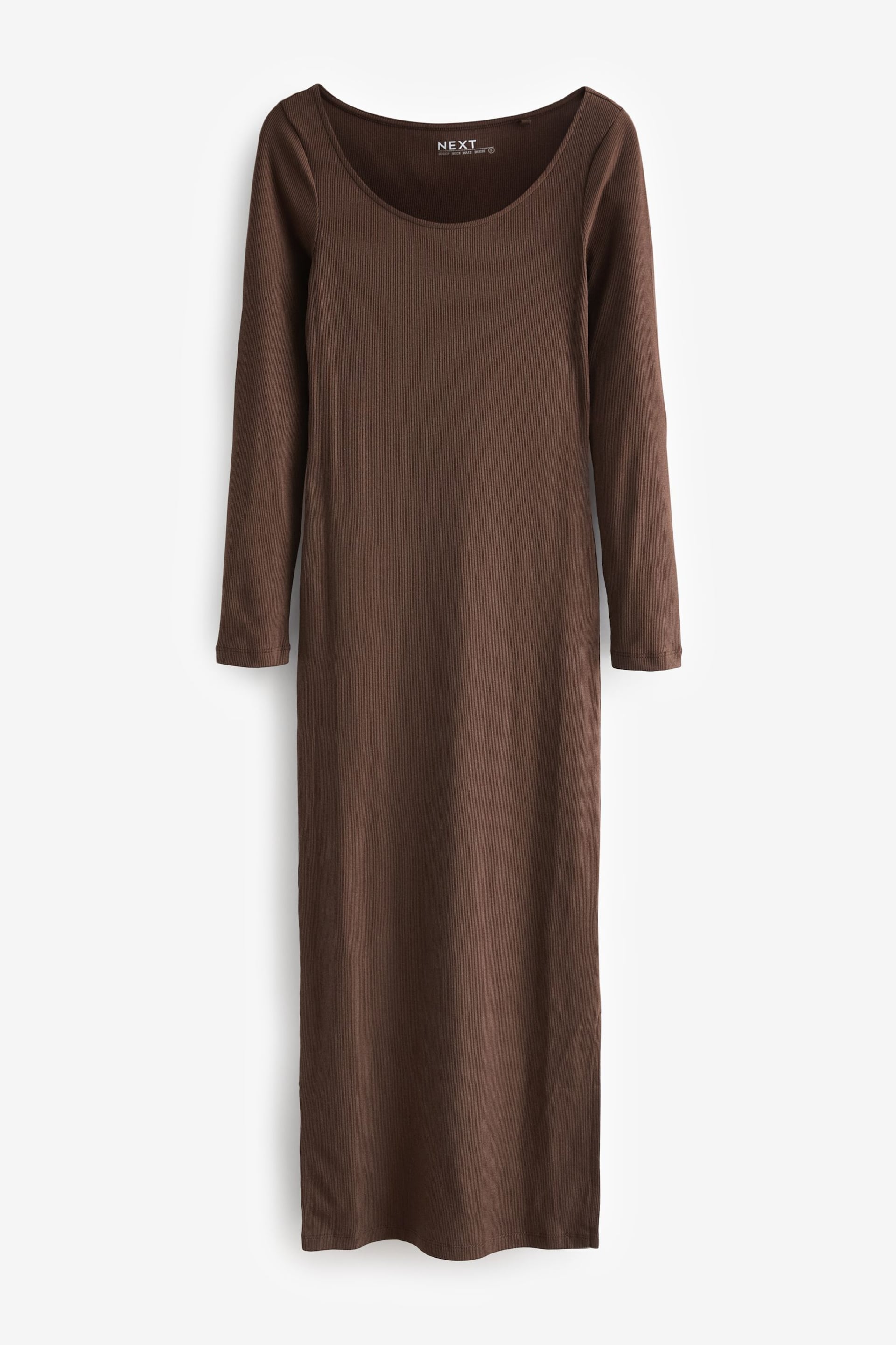 Chocolate Brown Scoop Neck Long Sleeve Ribbed Midaxi Dress - Image 5 of 6