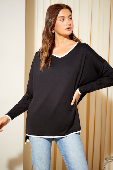 Friends Like These Black/White Tipped Petite Soft Jersey V Neck Long Sleeve Tunic Top