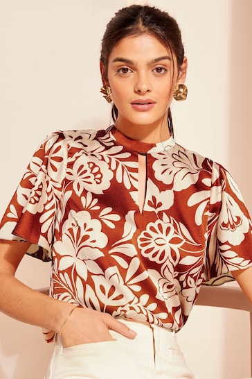 Friends Like These Red Floral Printed Flutter Sleeve Keyhole Blouse