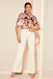 Friends Like These Red Floral Printed Flutter Sleeve Keyhole Blouse - Image 3 of 4
