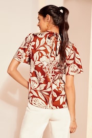 Friends Like These Red Floral Printed Flutter Sleeve Keyhole Blouse - Image 4 of 4