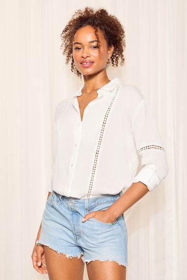 Friends Like These Ivory White Long Sleeve Crinkle Trim Detail Button Through Shirt