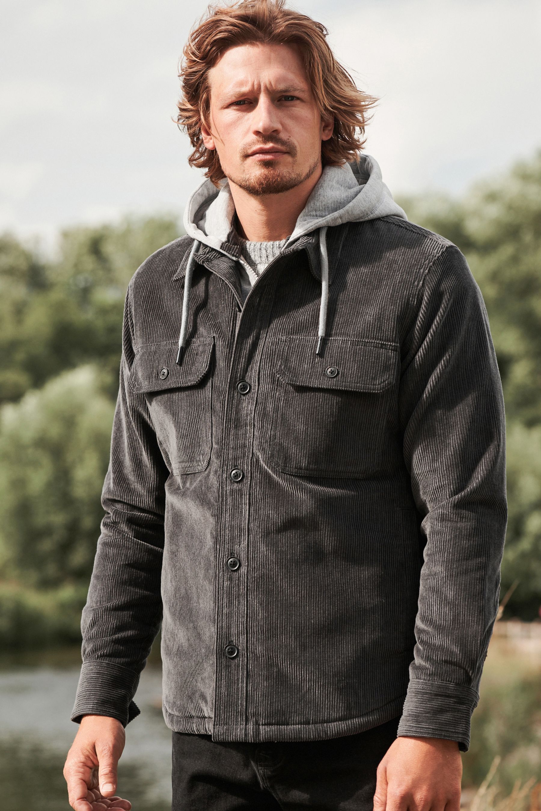 Buy Grey Cord Borg Lined Shacket with Hood from Next Luxembourg