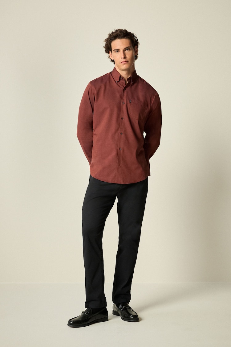 Brick Red Easy Care Long Sleeve Royal Oxford Single Cuff Shirt With Button Down Collar - Image 2 of 8