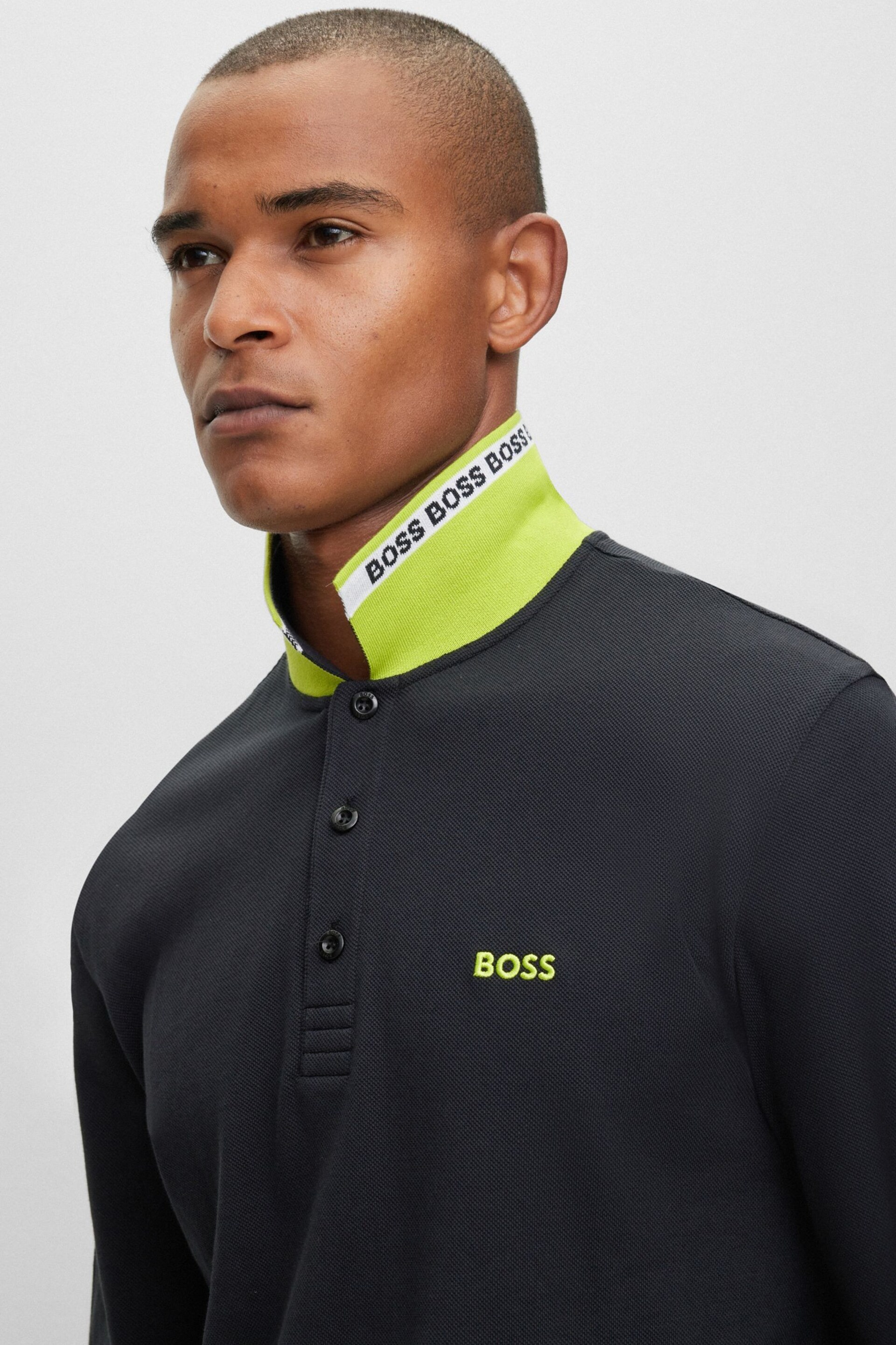 BOSS Black Plisy Collar Detail Long Sleeve Polo Shirt - Image 4 of 5