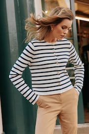 Joules Constance Cream & Navy Striped Cotton Cardigan - Image 1 of 10