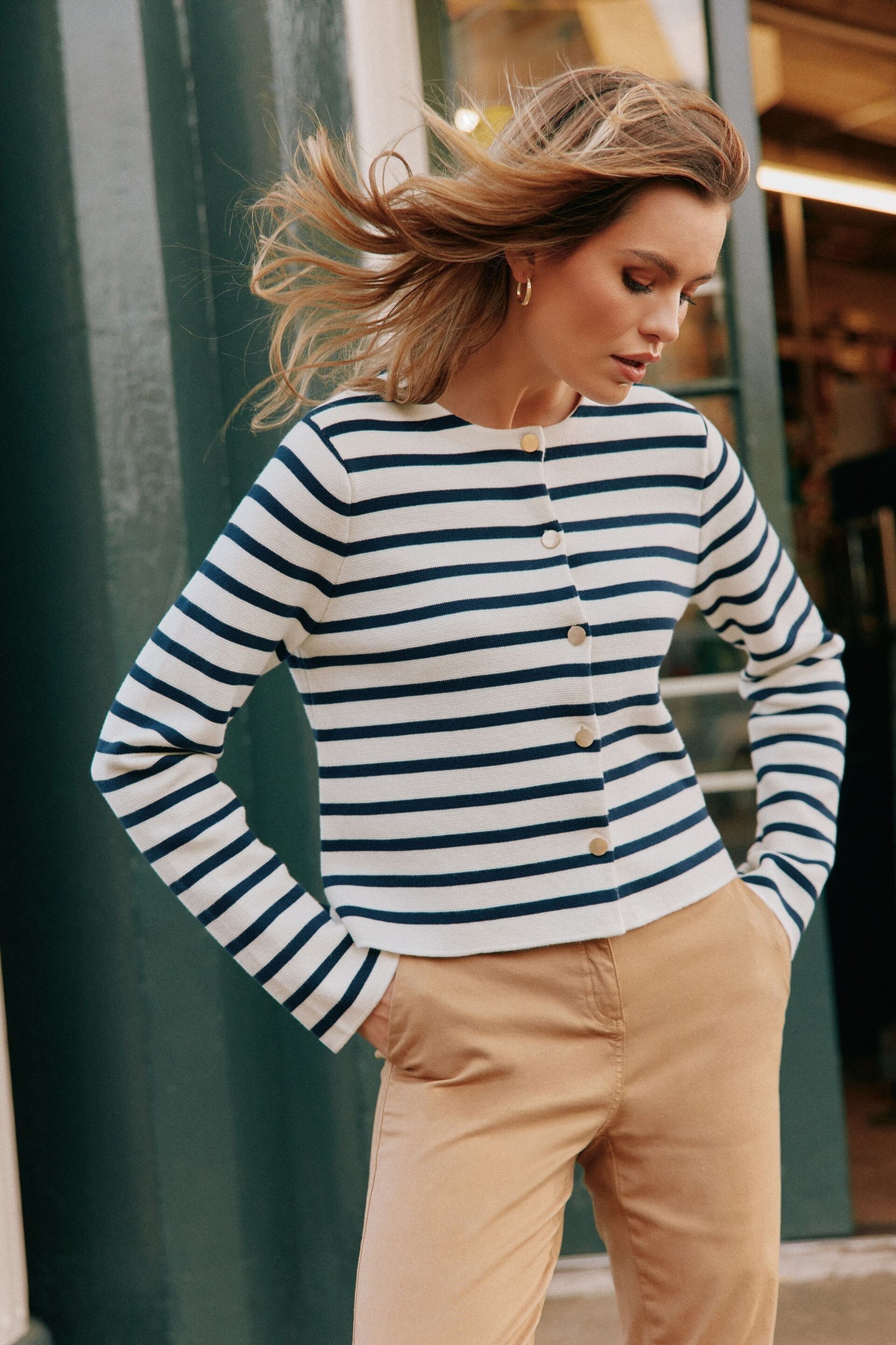 Joules Constance Cream & Navy Striped Cotton Cardigan - Image 1 of 10