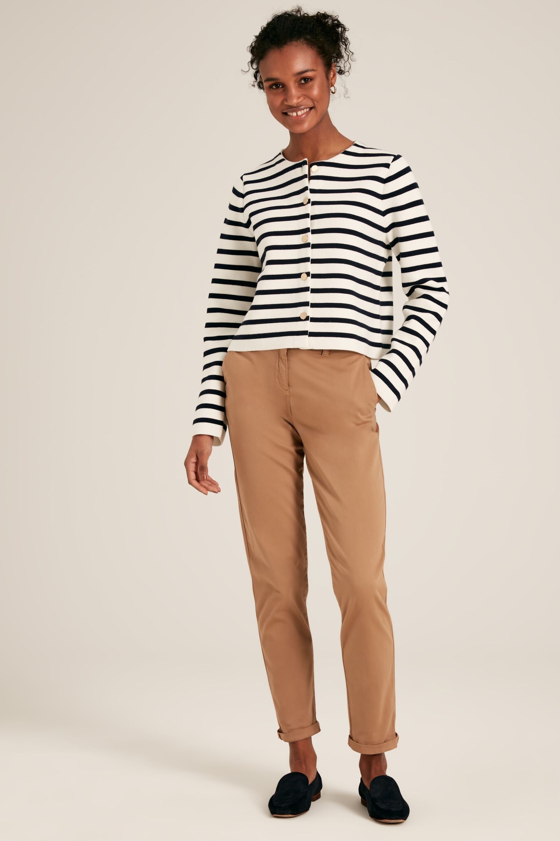 Joules Constance Cream & Navy Striped Cotton Cardigan - Image 3 of 10