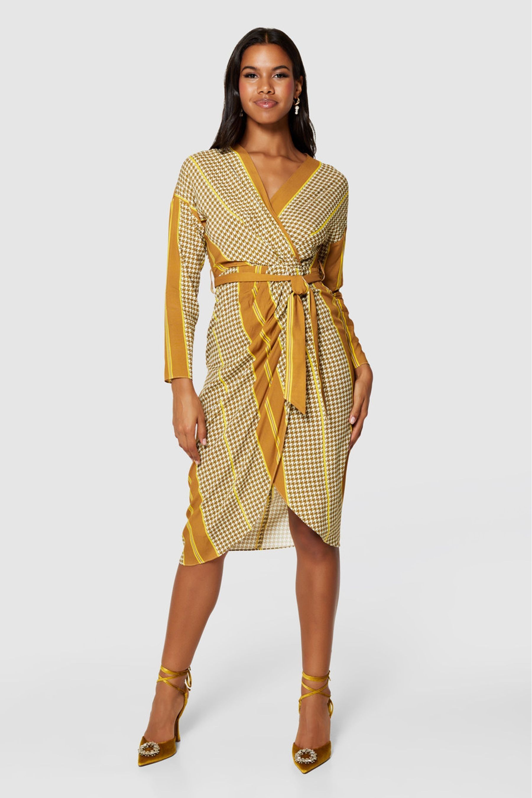 Gold long sleeve wrap dress best sale