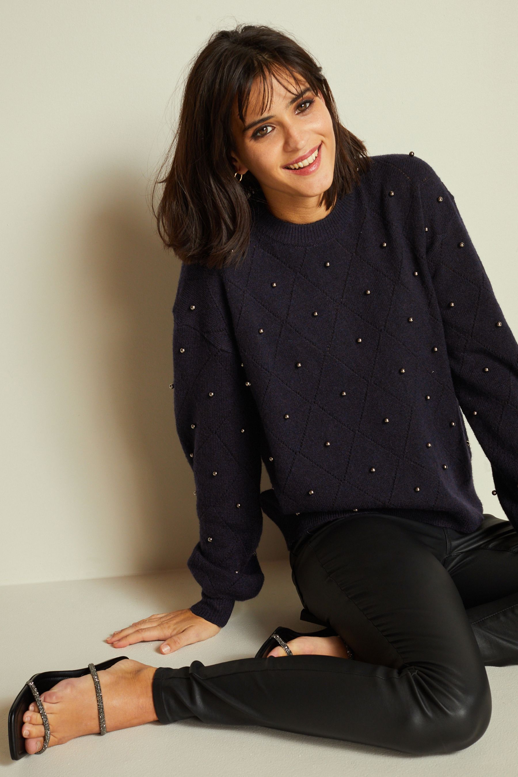 Buy Navy Blue Pearl Embellished Jumper from Next Luxembourg