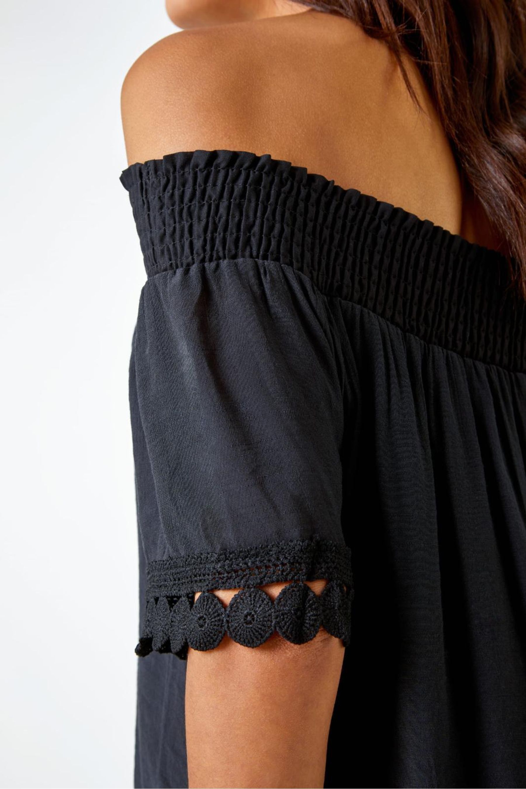 Buy Roman Black Lace Detail Shirred Bardot Top from the Next UK online shop