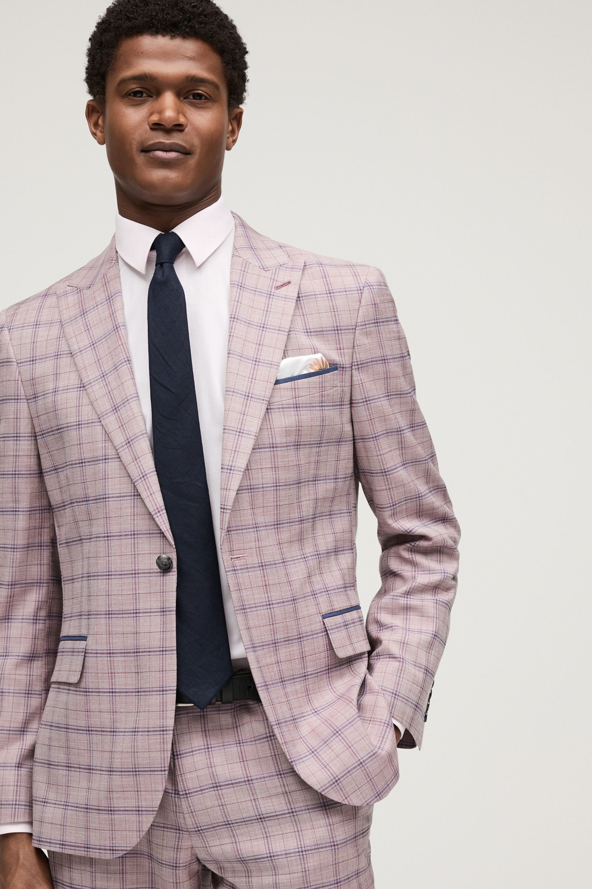 Pink Slim Fit Trimmed Check Suit Jacket - Image 1 of 12