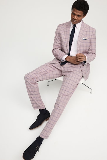 Pink Slim Fit Trimmed Check Suit Jacket