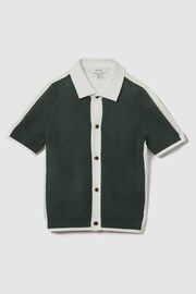 Reiss Green/Optic White Misto Junior Cotton Blend Open Stitch Shirt - Image 2 of 4