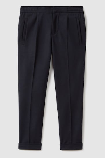 Reiss Navy Brighton Senior Relaxed Elasticated Trousers with Turn-Ups