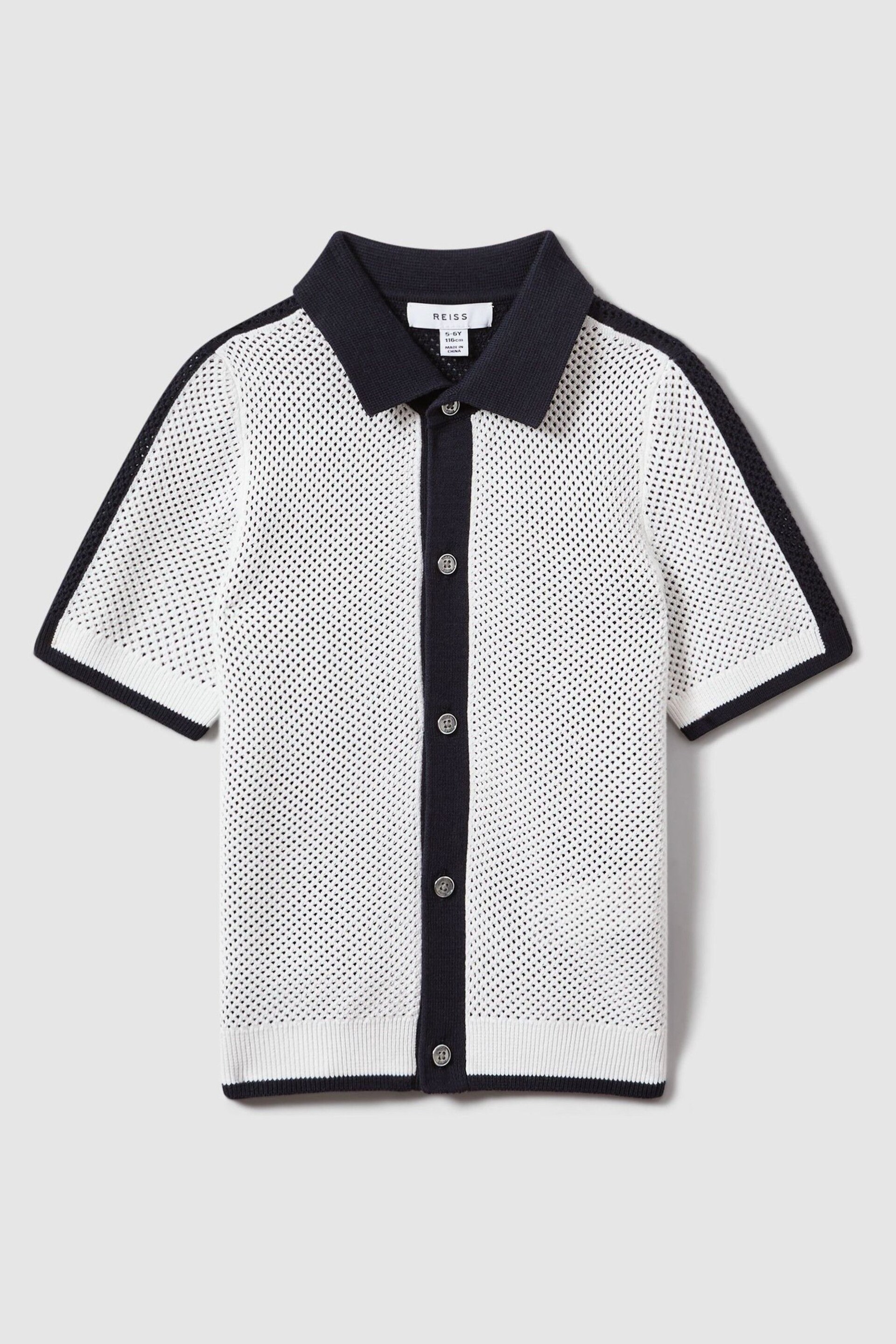 Reiss Navy/Optic White Misto Senior Cotton Blend Open Stitch Shirt - Image 2 of 4