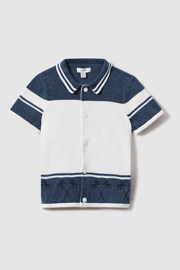 Reiss Optic White/Airforce Blue Bowler Junior Velour Embroidered Striped Shirt
