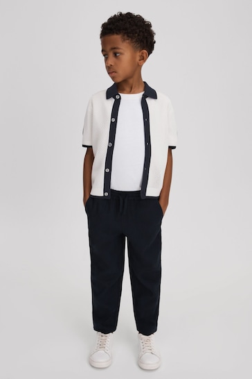 Reiss Navy/Optic White Misto Junior Cotton Blend Open Stitch Shirt