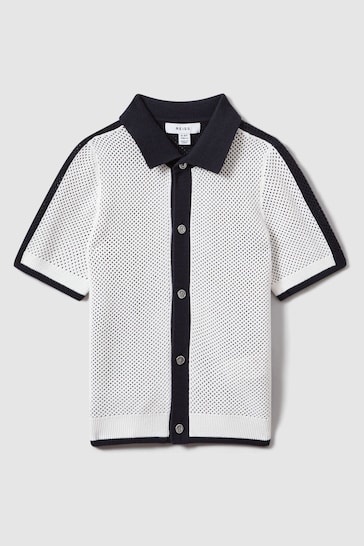 Reiss Navy/Optic White Misto Junior Cotton Blend Open Stitch Shirt