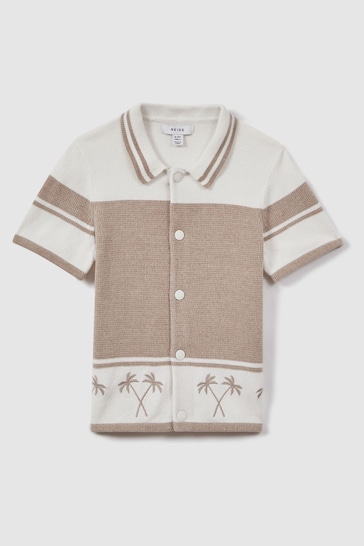 Reiss Taupe/Optic White Bowler Junior Velour Embroidered Striped Shirt