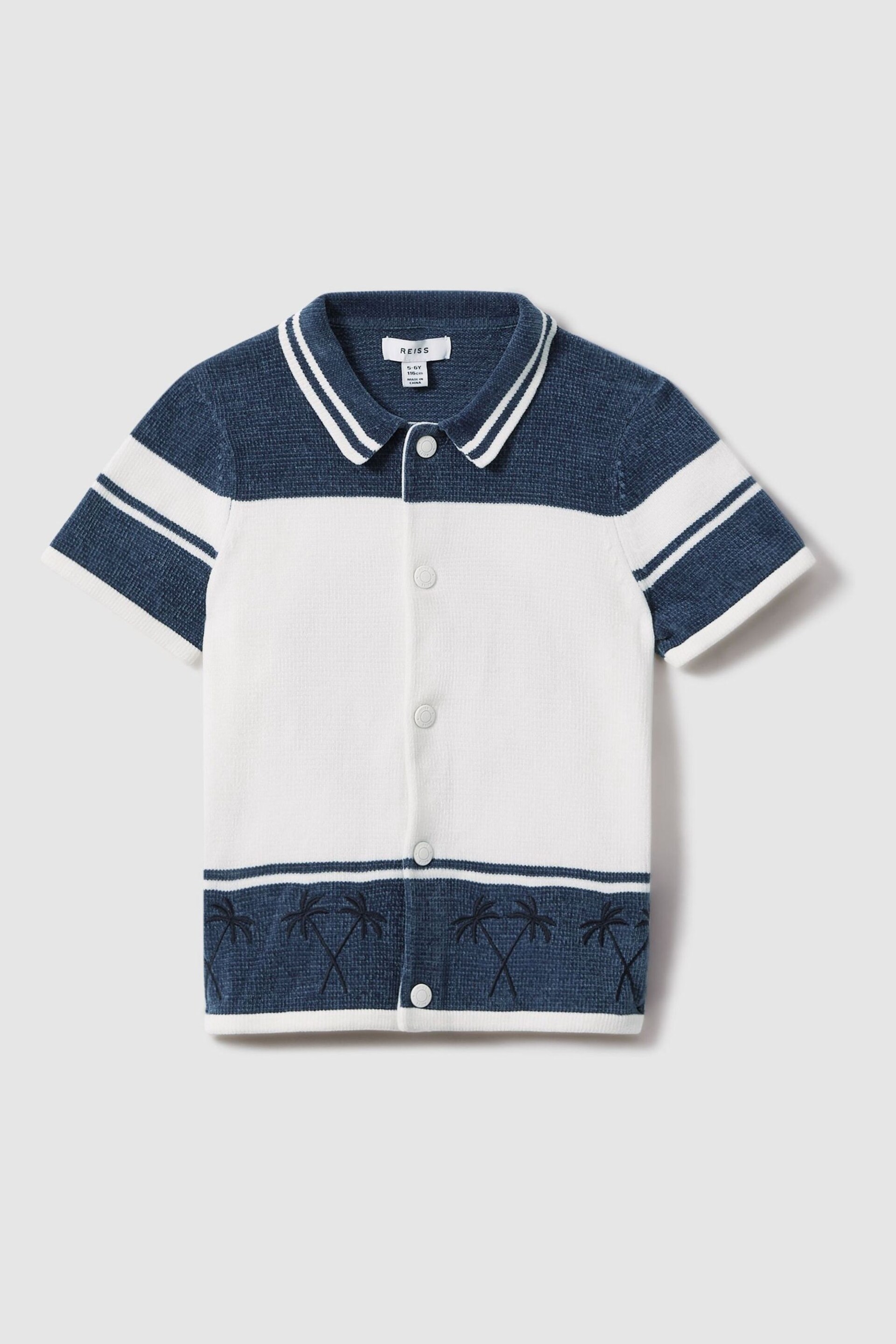 Reiss Optic White/Airforce Blue Bowler Senior Velour Embroidered Striped Shirt - Image 2 of 4