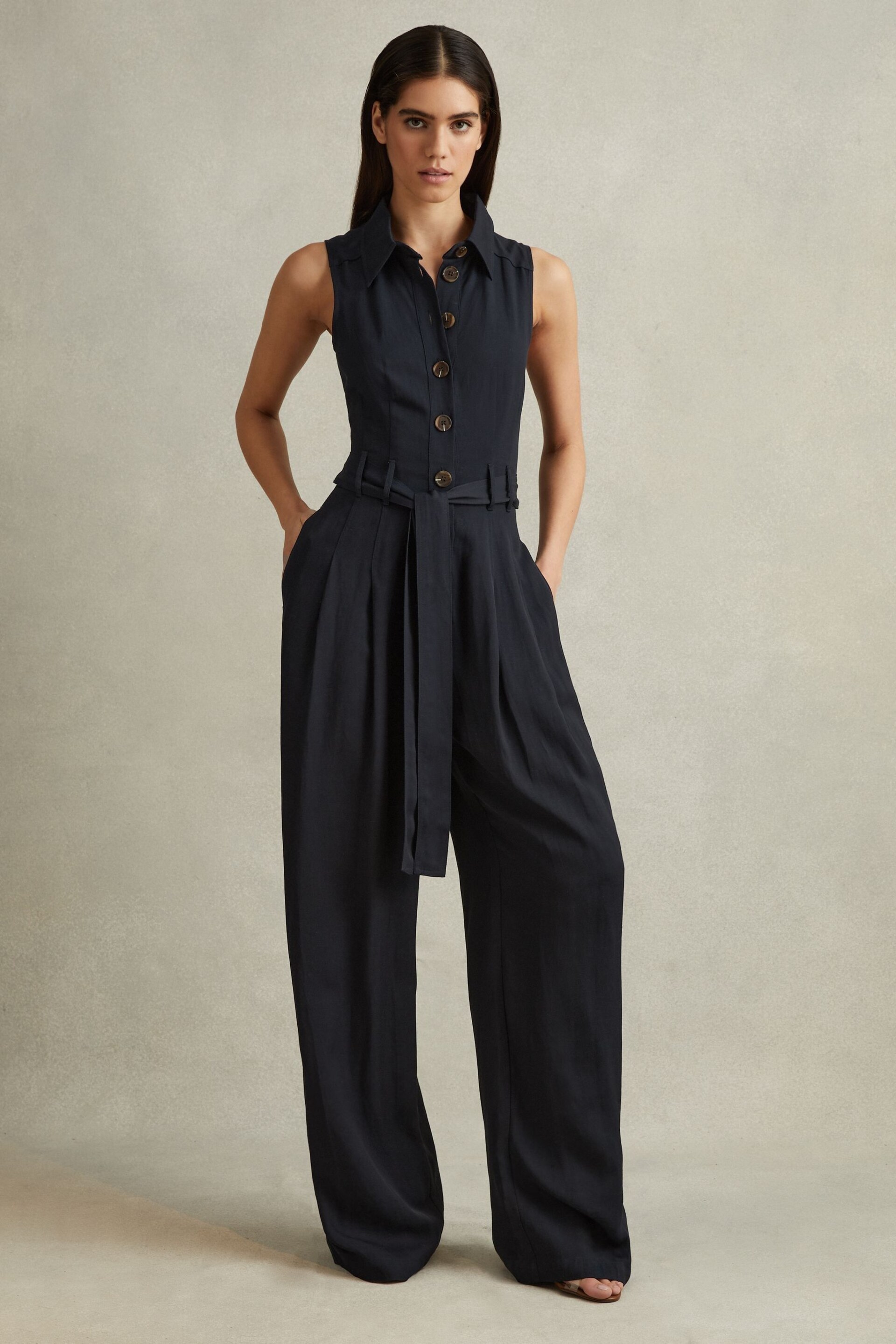 Reiss Navy Perla Belted Wide Leg Jumpsuit - Image 1 of 5