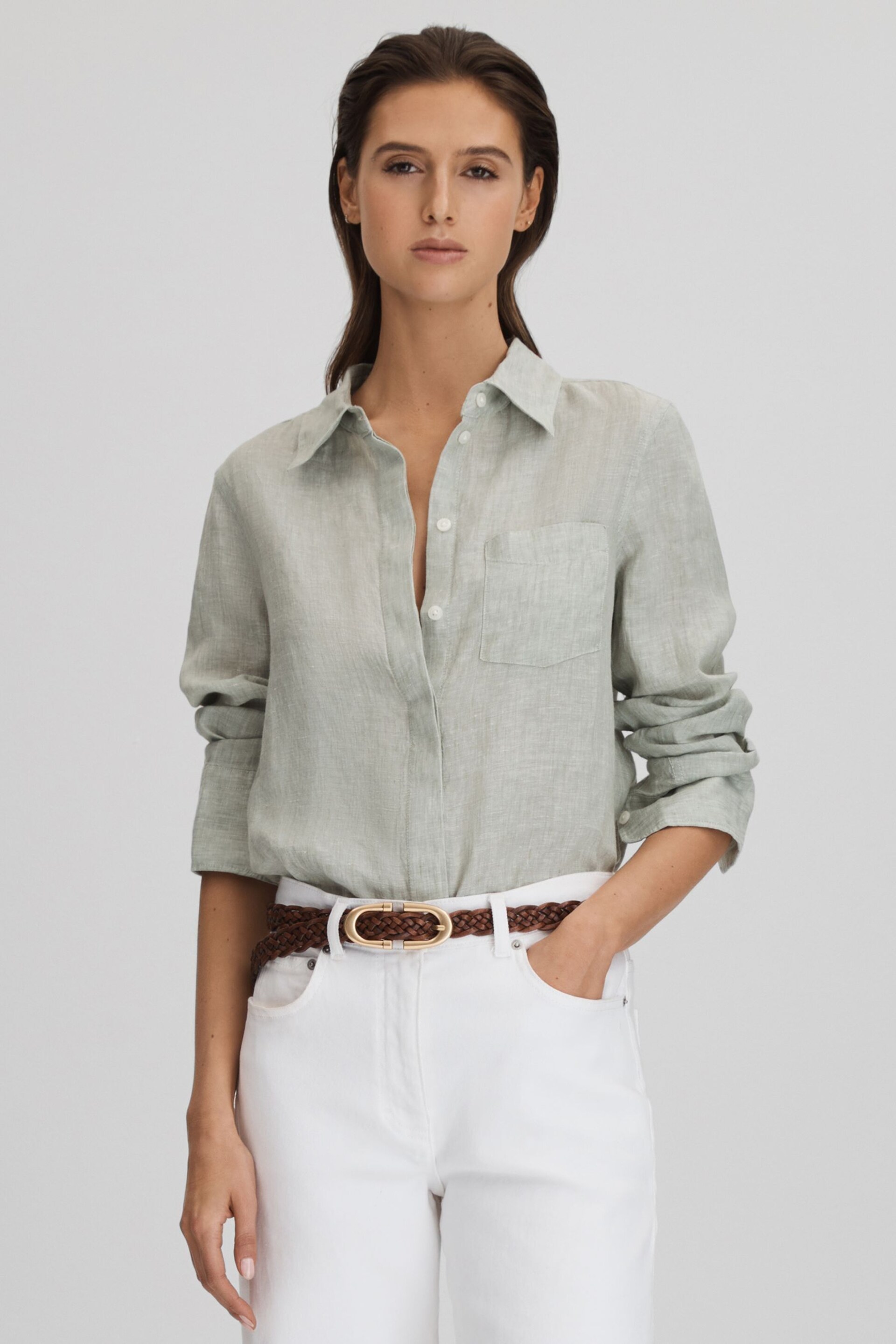 Reiss Sage Belle Linen Button-Through Shirt - Image 1 of 5