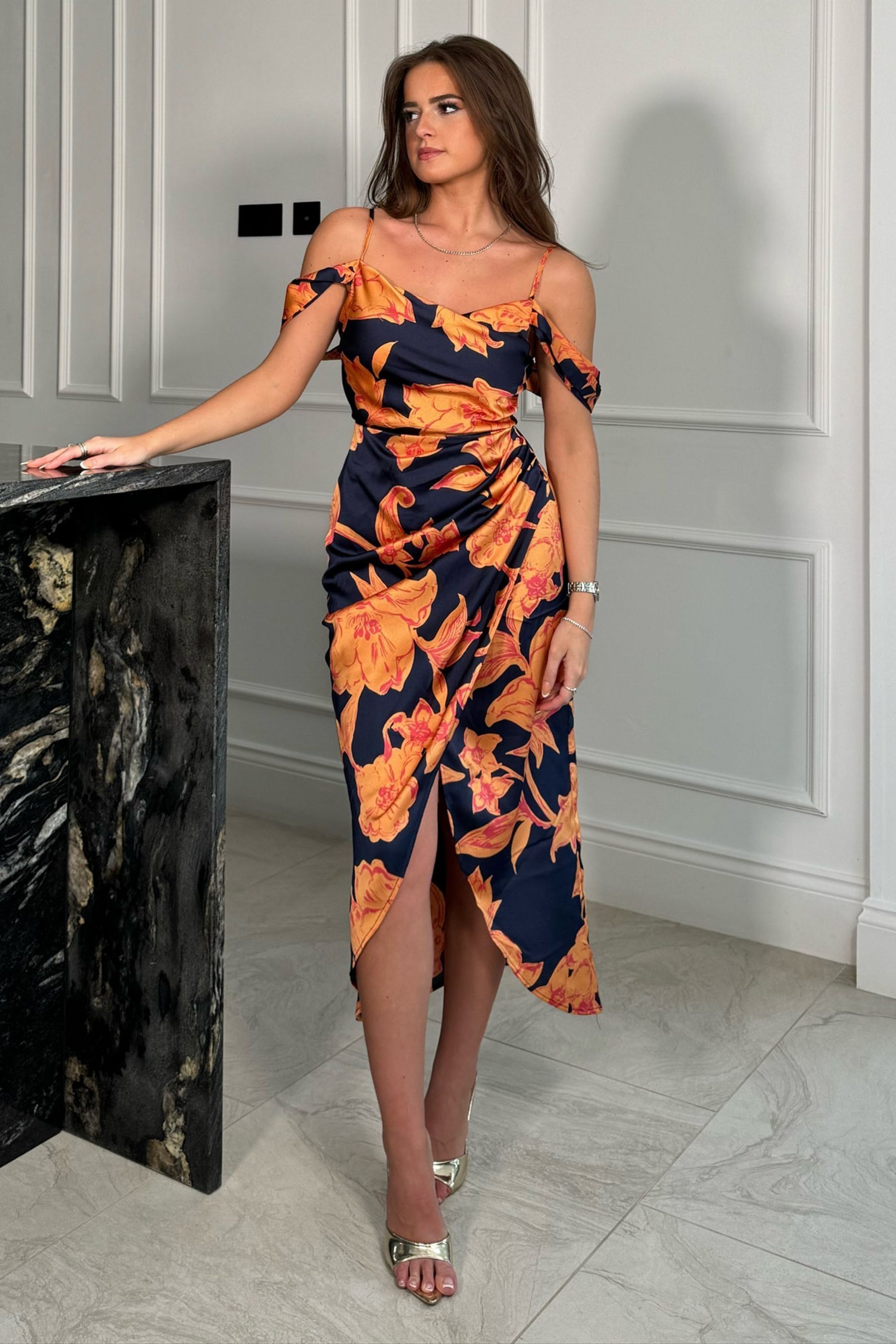 Cold shoulder wrap midi dress cheap