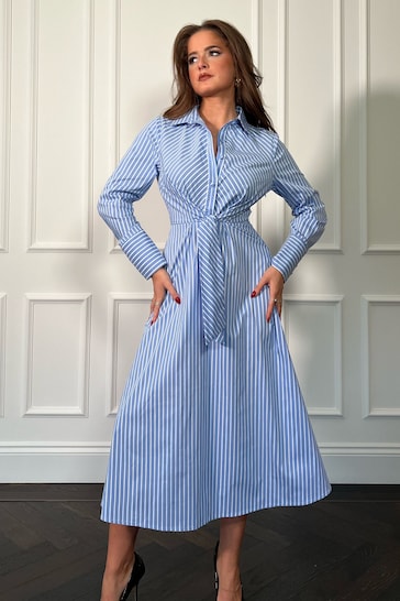 Girl In Mind Blue Stripe Isabella Abstract Tie Front Shirt Dress