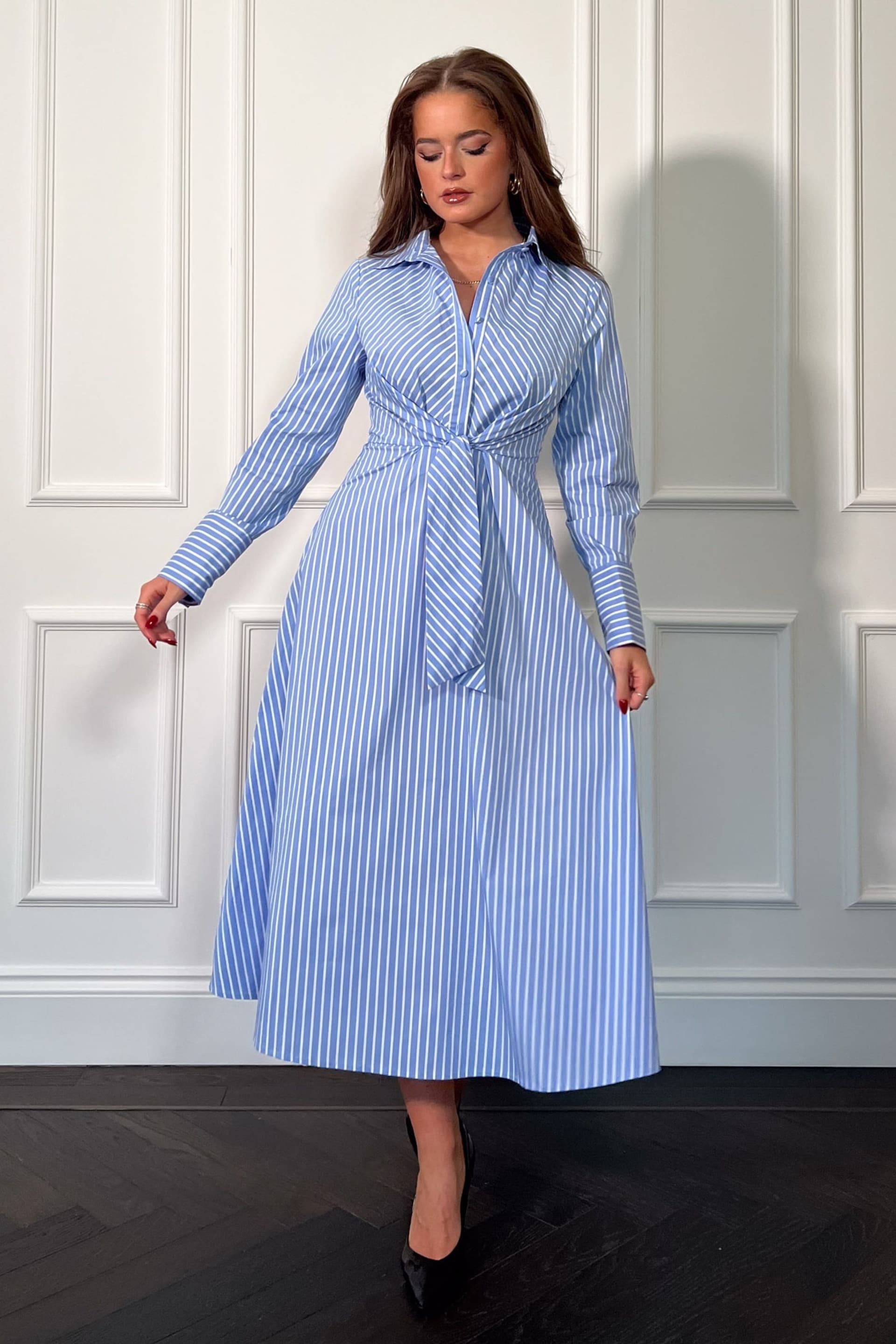 Girl In Mind Blue Stripe Isabella Abstract Tie Front Shirt Dress - Image 2 of 4