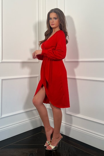 Girl In Mind Red Sasha Tie Detail Wrap Front Long Sleeve Midi Dress
