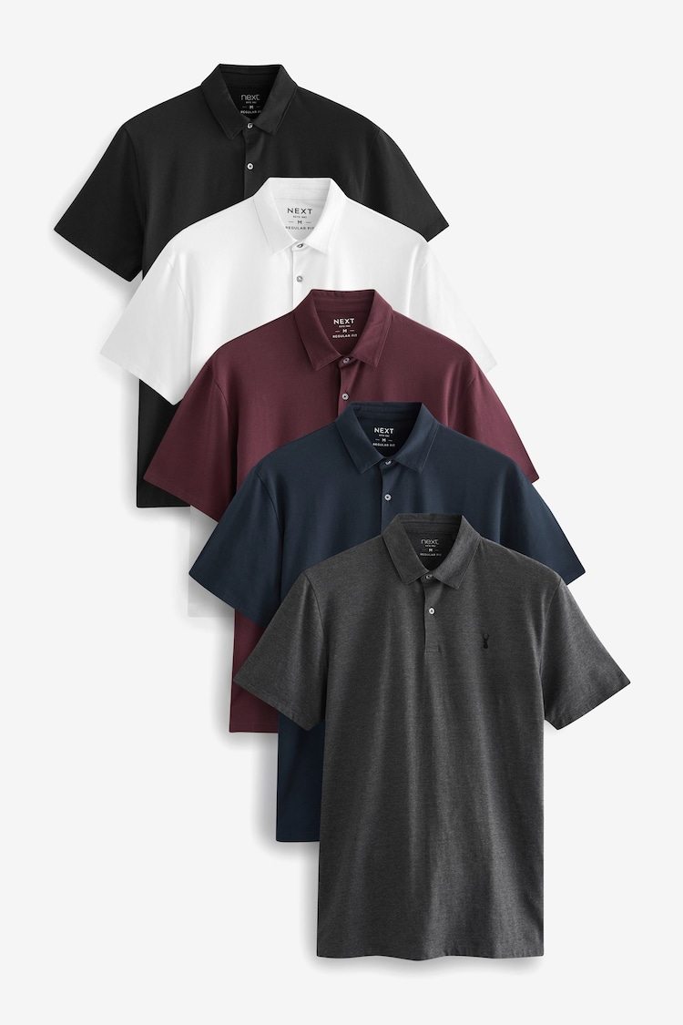 Navy/White/Burgundy/Black/Grey Regular Fit Regular Fit Short Sleeve Jersey Polo Shirts 5 Pack - Image 1 of 10