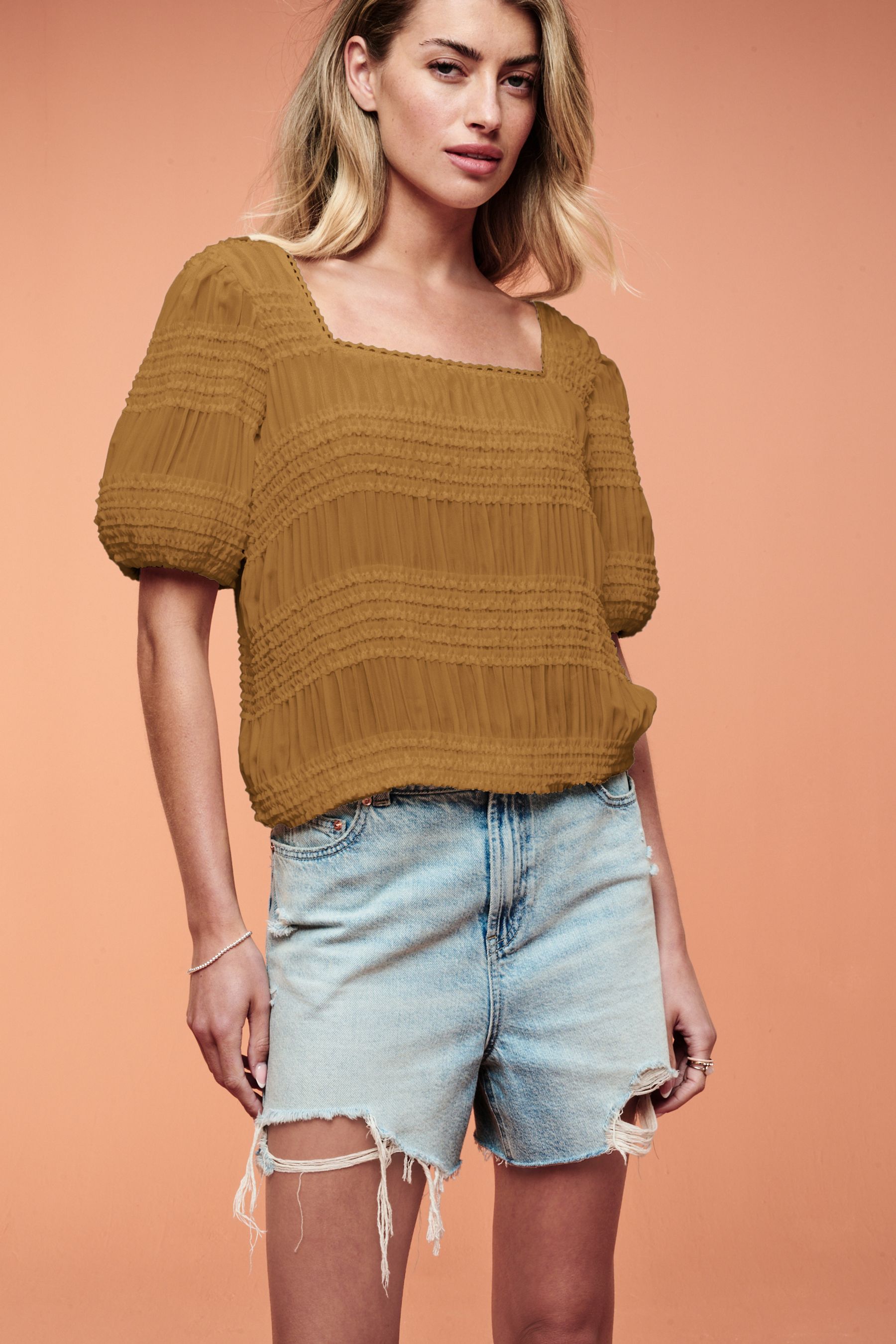Buy Ochre Yellow Short Sleeve Smock Tie Back Top from the Next UK online shop