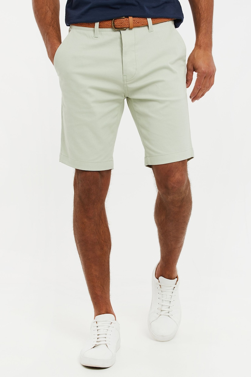 Threadbare Green Cotton Stretch Turn-Up Chino Shorts with Woven Belt - Image 1 of 4