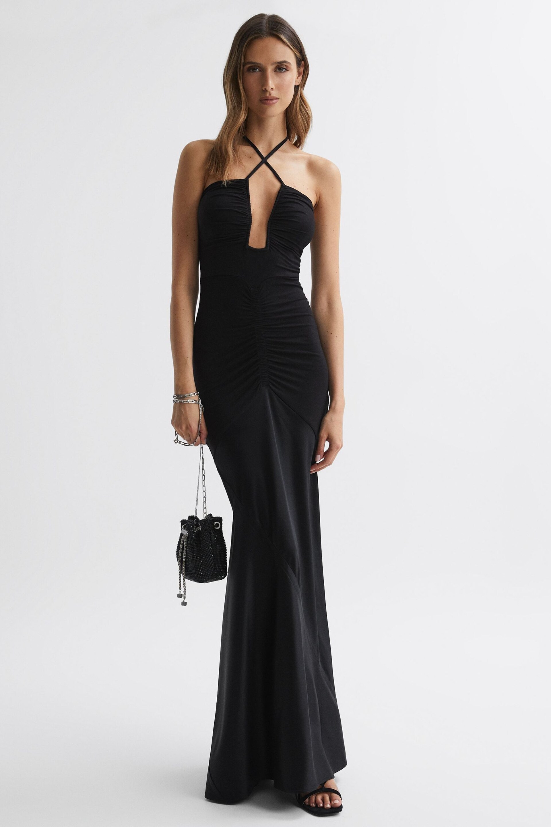 Reiss Black Thalia Fitted Plunge Neck Satin Maxi Dress - Image 1 of 4