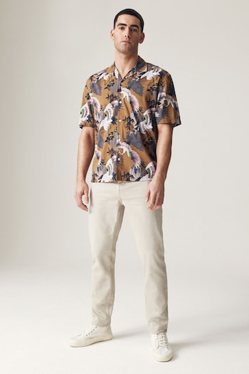 Brown Printed Short Sleeve Shirt With Cuban Collar