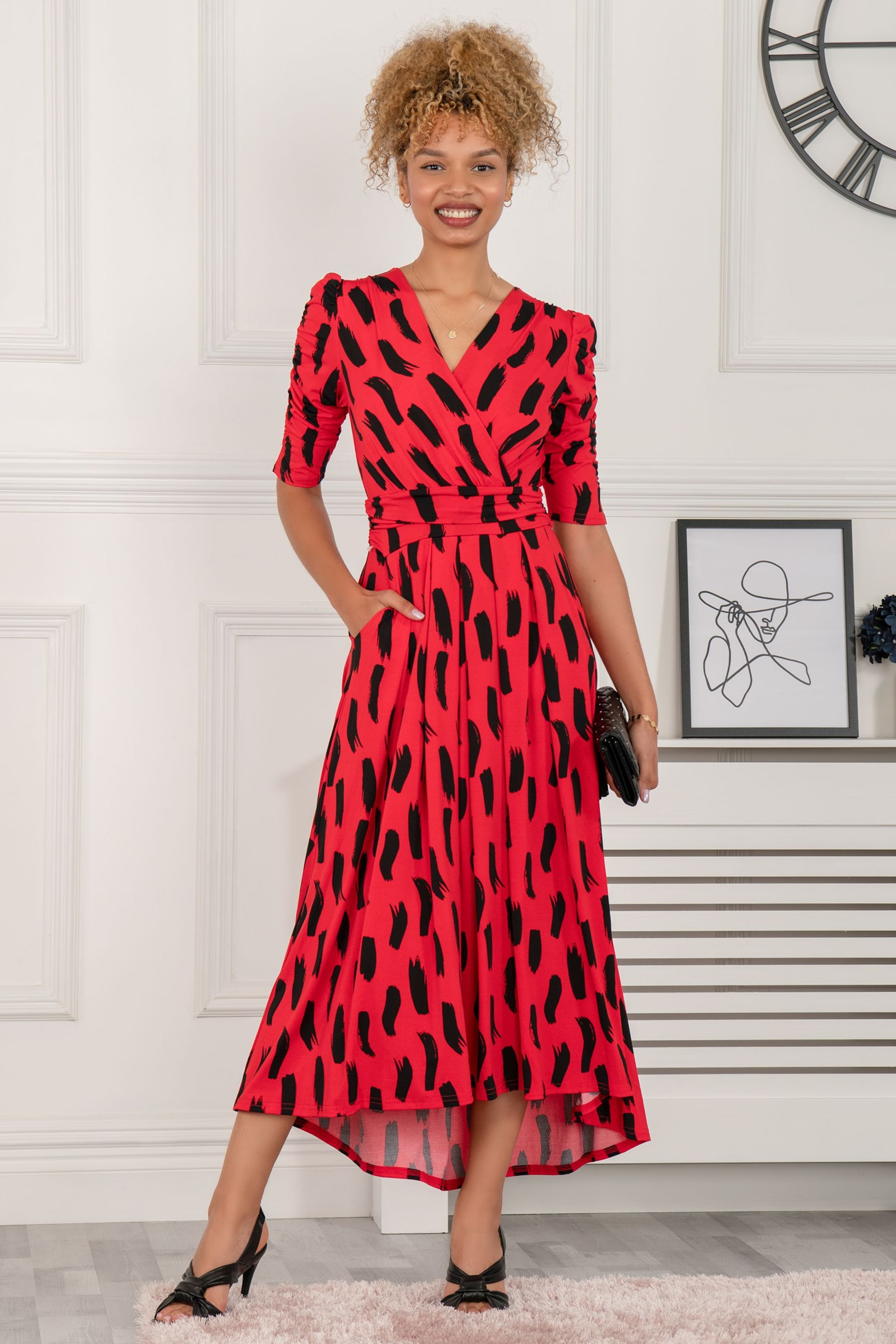 Jolie Moi Red Quanna Stroke Print Jersey Maxi Dress - Image 1 of 5