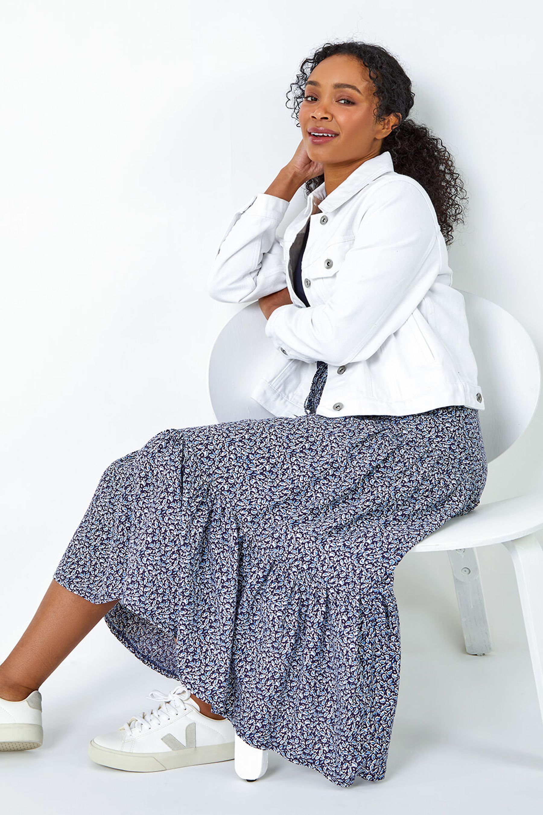 Buy Roman Blue Ditsy Tiered Stretch Midi Skirt from the Next UK online shop