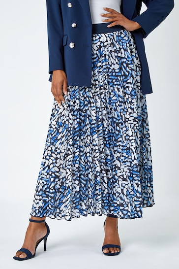 Roman Blue Pleated Abstract Midi Skirt