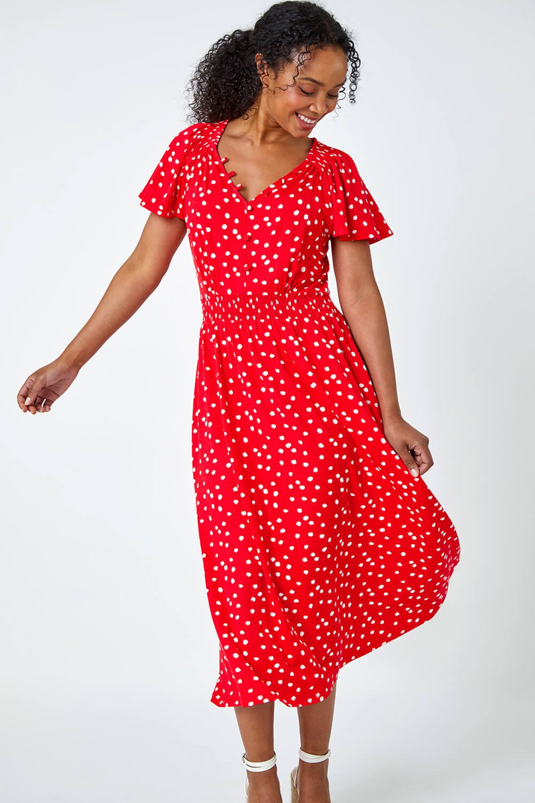 Buy Roman Red Polka Dot Button Stretch Midi Dress from the Next UK online shop